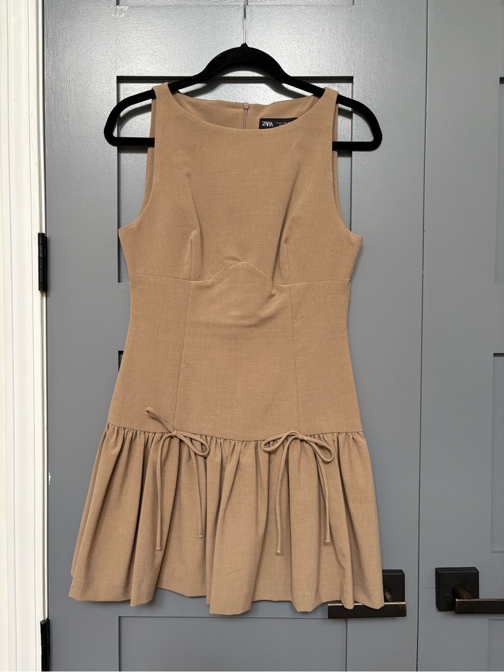 Zara Tan Mini Dress with Waist Ties - Picture 2 of 3